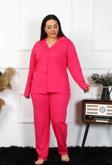 Giyim Kadın Büyük Beden Pamuklu Cepli Düğmeli Fuşya Pijama Takım