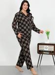 Giyim Kadın Büyük Beden Pamuklu Cepli Düğmeli Siyah Pijama Takım