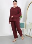 Giyim Kadın Büyük Beden Uzun Kol Penye Pijama Takımı Bordo