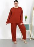 Giyim Kadın Büyük Beden Uzun Kol Penye Pijama Takımı Kiremit