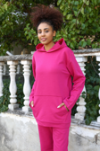 Giyim Kadın Pamuk Kapşonlu Cepli 3 İplik Fuşya Eşofman Takım
