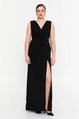 Doridorca Kadın Krep Kumaş Drapeli V Yaka Maxi Abiye Elbise 7057 Siyah