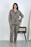 Kadın Büyük Beden Pamuklu Cepli Düğmeli Kahve Pijama Takım