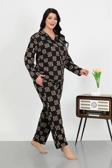 Kadın Büyük Beden Pamuklu Cepli Düğmeli Siyah Pijama Takım