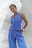 Dena Sırt Dekolteli Saks Mavi Keten Yelek Pantolon Takım
