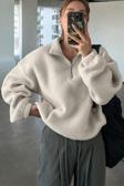 Ghassy Co. Kadın Ultra Isı Peluş Sherpa Oversize Yarım Metal Fermuar Lastik Ayarlı Polar Sweatshirt