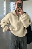 Ghassy Co. Kadın Ultra Isı Peluş Sherpa Oversize Yarım Metal Fermuar Lastik Ayarlı Polar Sweatshirt