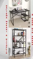 2 Raflı Çalışma Masası Bilgisayar Masası Ofis Ders Masası + 5 Raflı Kitaplık Metal Kitaplık Antrasit