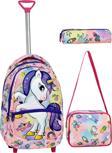 Çekçekli 3'lü Okul Seti, Unicorn Desenli İlkokul Çantası + Beslenme Çantası + Kalemlik
