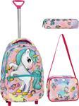 Çekçekli 3'lü Okul Seti, Unicorn Desenli İlkokul Çantası + Beslenme Çantası + Kalemlik