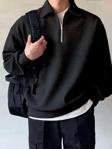 Genius Store Erkek Polo Yaka Oversize Sweatshirt Yarım Fermuar Sweatshirt Siyah S