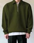 Genius Store  Erkek Polo Yaka Oversize Sweatshirt Yarım Fermuar Sweatshirt Oversıze-Sweatshırt Haki S