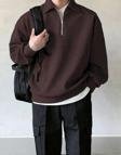 Genius Store Store Erkek Polo Yaka Oversize Sweatshirt Yarım Fermuar Sweatshirt Kahverengi S