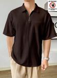 Genius Store Erkek Oversize Polo Yaka Waffle T-Shirt Poloyaka-Fermuarlı Kahverengi L