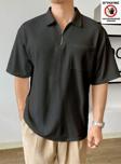Genius Store Erkek Oversize Polo Yaka Waffle T-Shirt Poloyaka-Fermuarlı Füme S