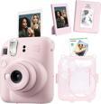 Instax mini 12 Pembe Fotoğraf Makinesi Simli Pleksi Kılıf Pvc Albüm 10'lu Film ve Çerçeveli Hediye S