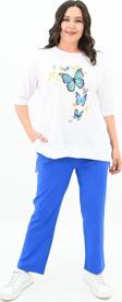 Koza Butik Kadın Büyük Beden Kelebek Baskı Detaylı T-Shirt Takım 8114-25 Koyu Saks 5XL