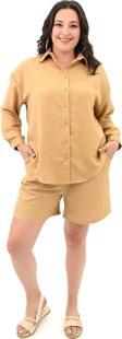 Koza Butik Kadın Büyük Beden Şortlu Keten Takım 8121-25 Camel 2XL