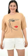 Koza Butik Kadın Büyük Beden Yüz Baskılı T-Shirt 1788-25 Camel 5XL