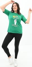 Koza Butik Kadın Büyük Beden Çiçek Tutan El Baskılı T-Shirt 1574-23 Benetton Yeşil XL
