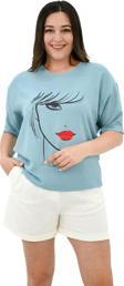 Koza Butik Kadın Büyük Beden Yüz Baskılı T-Shirt 1788-25 Petrol Yeşili 5XL