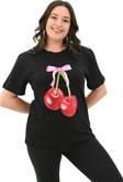 Koza Butik Kadın Büyük Beden Kiraz Baskılı T-Shirt 1785-24 Siyah XL