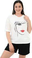 Koza Butik Kadın Büyük Beden Yüz Baskılı T-Shirt 1788-25 Beyaz XL