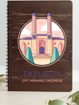 SARTDFTREÇM Erzurum Çift Minareli Medrese Şehir Tasarım Ahşap Kapaklı Defter Kraft Kağıt Özel Tasarım Hediye