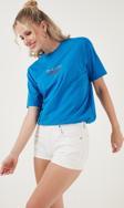 Lela Yazılı Detaylı Pamuklu Oversize Bisiklet Yaka Bayan T Shirt 541RUEDELA MAVİ