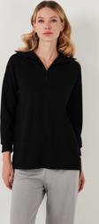 Lela Regular Fit Fermuarlı Yaka Önü Kısa Arkası Uzun Bayan Sweat 5865876 SİYAH