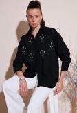 Lela Parlak Taşlı Regular Fit Yazlık Bayan Gömlek 6113615 SİYAH