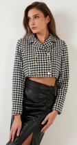 Lela Kazayağı Desenli Düğmeli Slim Fit Crop Bayan Ceket 611C007 SİYAH