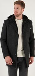 Buratti Çıkarılabilir Kapüşonlu Kırçıllı Slim Fit Kaşe Erkek Kaban 5841013 Antrasit Noktalı