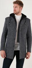 Buratti Çıkarılabilir Kapüşonlu Kırçıllı Slim Fit Kaşe Erkek Kaban 5841013 Lacivert Noktalı