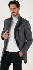 Buratti Düğmeli Dik Yaka Kırçıllı Slim Fit Kaşe Erkek Kaban 5841016 Lacivert Noktalı