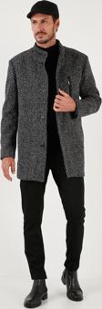 Buratti Düğmeli Dik Yaka Kırçıllı Slim Fit Kaşe Erkek Kaban 5841016 Siyah Noktalı