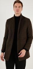 Buratti Slim Fit Tek Yırtmaçlı Düğmeli Astarlı Kaşe Erkek Kaban 5840110E Camel Ekoseli
