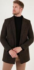 Buratti Slim Fit Tek Yırtmaçlı Düğmeli Dik Yaka Kaşe Erkek Kaban 5840110 Camel Noktalı