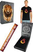 Galatasaray Orijinal Logo Baskılı Siyah T-Shirt + Gs Atkı Hediyelik Set Özel Tasarım Ahşap Kutulu