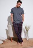 Buratti Ekoseli Pamuklu Beli Lastikli Regular Fit Kısa Kollu Erkek Pijama Takımı 6572004 FÜME