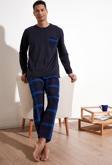 Buratti Ekoseli Cepli Beli Lastikli % 100 Pamuk Regular Fit Erkek Pijama Takımı 6572001 LACİVERT-SAKS
