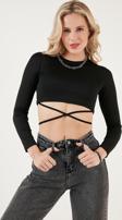 Lela Beli Bağlamalı Slim Fit Bisiklet Yaka Crop Bayan Bluz 5865402 SİYAH