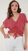 Lela Desenli Önü Büzgülü V Yaka Crop Bayan Bluz 5864486Y4 KIRMIZI