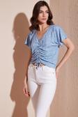 Lela Desenli Önü Büzgülü V Yaka Crop Bayan Bluz 5864486Y4 BEBE MAVİ