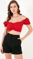 Lela Slim Fit Büzgü Detaylı Kalp Yaka Crop Bayan Bluz 5865601 KIRMIZI