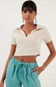 Lela Slim Fit Polo V Yaka Crop Bayan Bluz 5865035 TAŞ