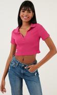 Lela Slim Fit Polo V Yaka Crop Bayan Bluz 5865035 FUŞYA