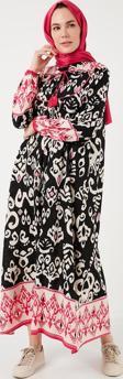 Lela Modest Desenli Regular Fit Bağlamalı V Yaka Maxi Bayan Elbise 611EL510 SİYAH