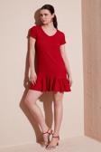 Lela Regular Fit Fırfırlı V Yaka Bürümcük Mini Bayan Elbise 5865071 KIRMIZI