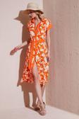 Lela Kemerli Regular Fit Midi Gömlek Bayan Elbise 66924552S4 EKRU-ORANGE